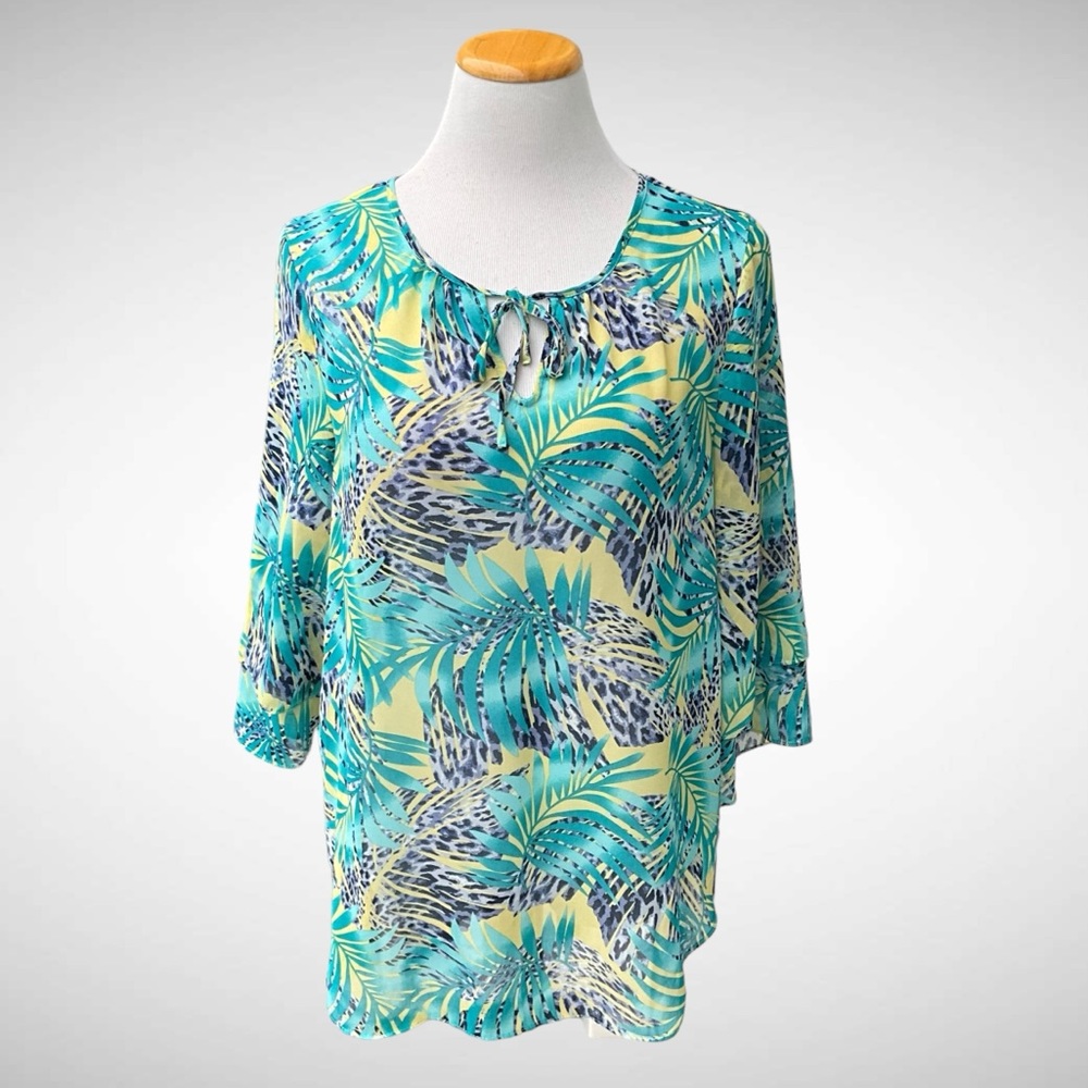 Chico’s Sheer Tie Neck Blouse Pullover Tiered Sleeves